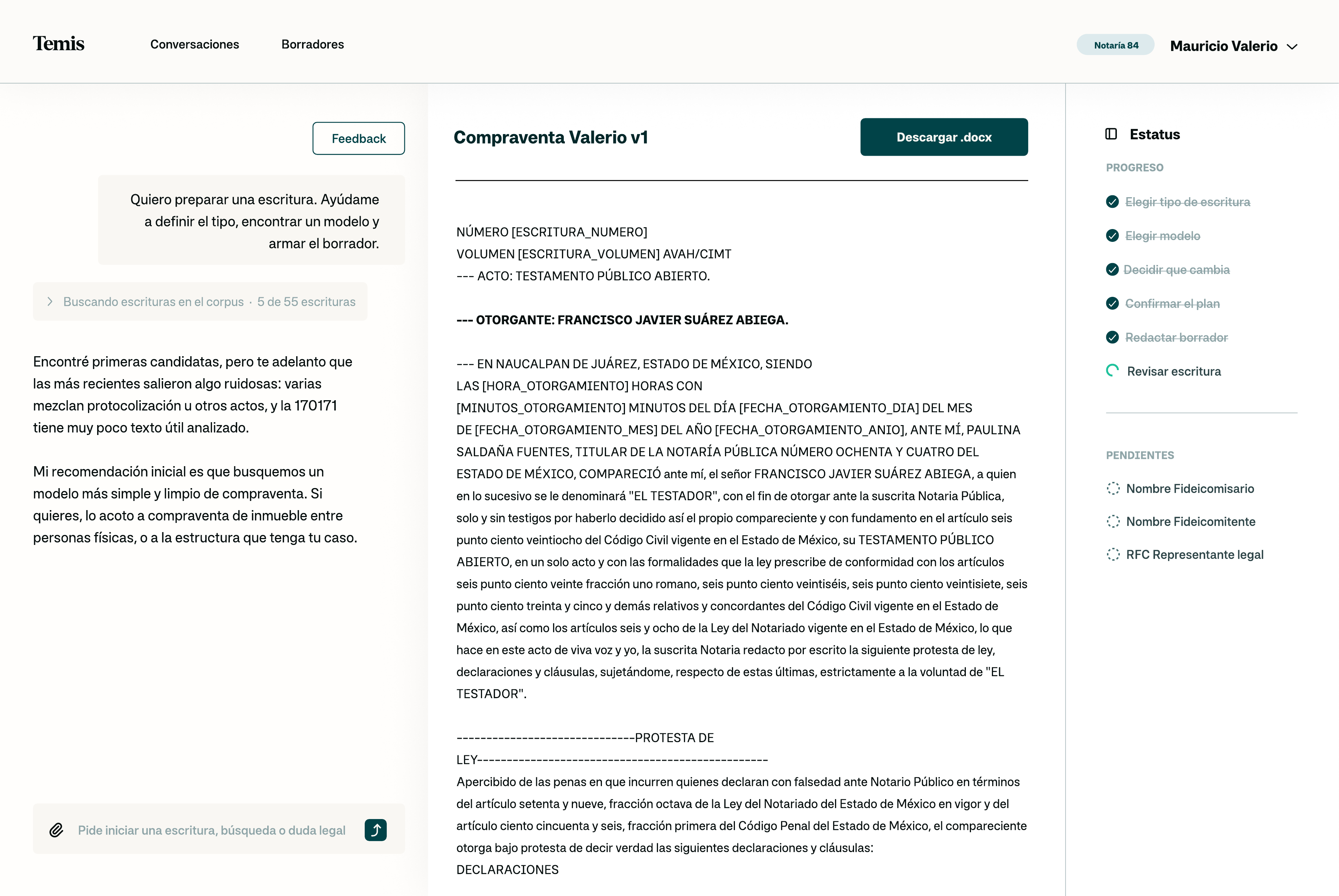 Interfaz de Temis: conversación, borrador y estado de la escritura